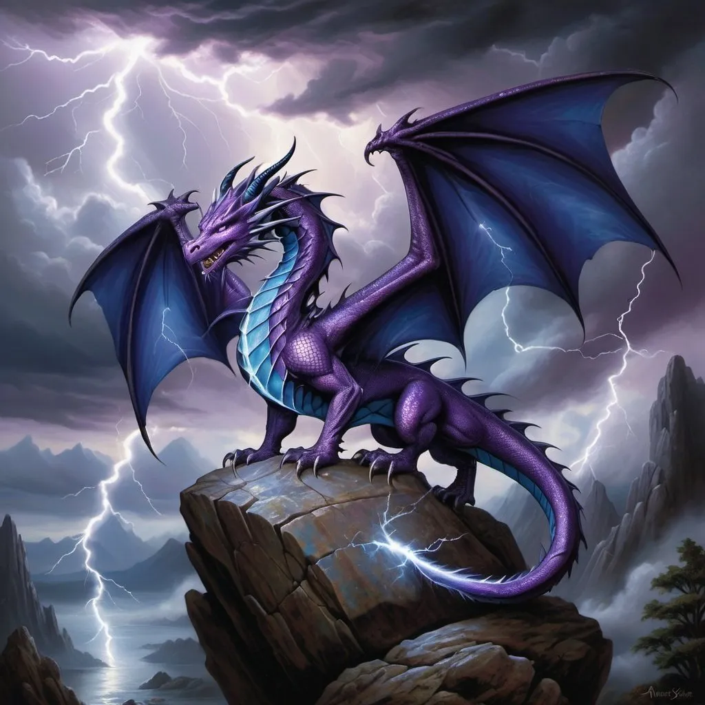 Prompt: a dragon with a purple tail and blue wings on a rock in the sky with lightning behind it and a dark cloud, Anne Stokes, fantasy art, dragon art, a detailed painting