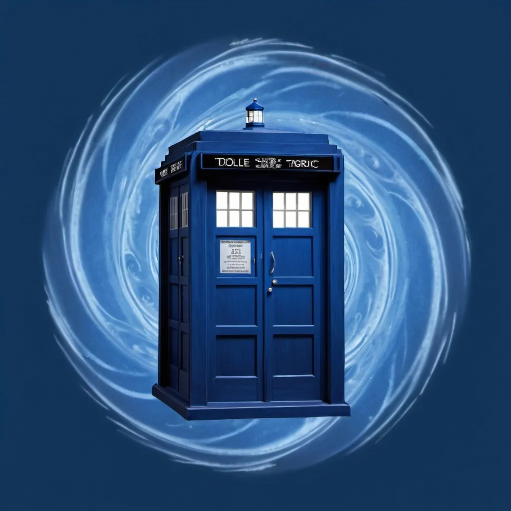 Prompt: a blue tardis with a blue background and a blue swirl around it and a blue background with a blue swirl around it, a hologram