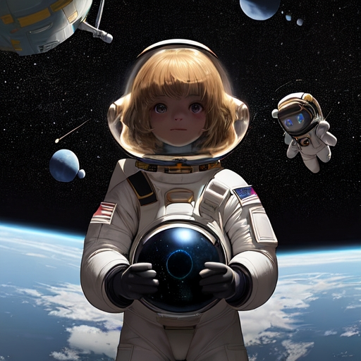 Prompt: "Generate an image of a 12-year-old girl with blond hair, immersed in imaginative play as an astronaut in her bedroom. She wears a makeshift space suit, complete with a helmet and gloves, while her room is transformed into a galactic wonderland. Surround her with floating planets, twinkling stars, and swirling galaxies, creating a mesmerizing celestial backdrop. By her side, a gentle Newfoundland dog, also dressed in a space-themed costume, serves as her loyal space-faring companion. Capture the awe and wonder in the girl's eyes as she embarks on her cosmic adventure with her furry friend by her side."










