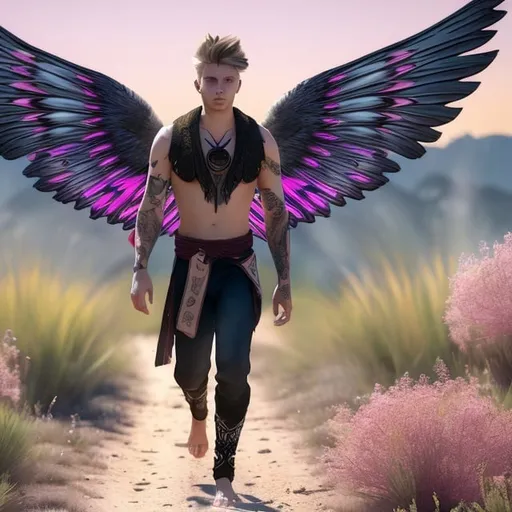 Prompt: A fullbody photorealistic scene landscape {{walking on dirt path, grassy fields on either side of dirt path}}, rendering of a young adult caucasian man barefoot, {fuffy fringe blonde hair}, {shaven face}, (({{big partly opened pink gray black feathers angel wings}})) {{{((intricate spacious chest 2D butterfly decal embroidery 256-color scheme ink tattoo, high quality, photorealism, detailed ink, centered on chest))}}}, {gay inspired chest tattoo}, facing viewer, wearing slik loincloth, {walking on dirt path, grassy fields on either side of dirt path}, sunny