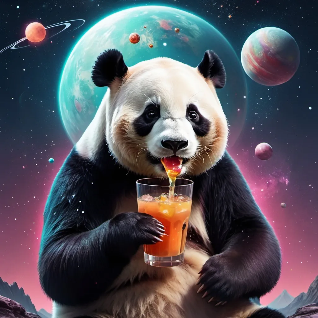 Prompt: a panda bear with a drink in its mouth and a space background with stars and planets in the sky, Beeple, aestheticism, cosmic, digital art