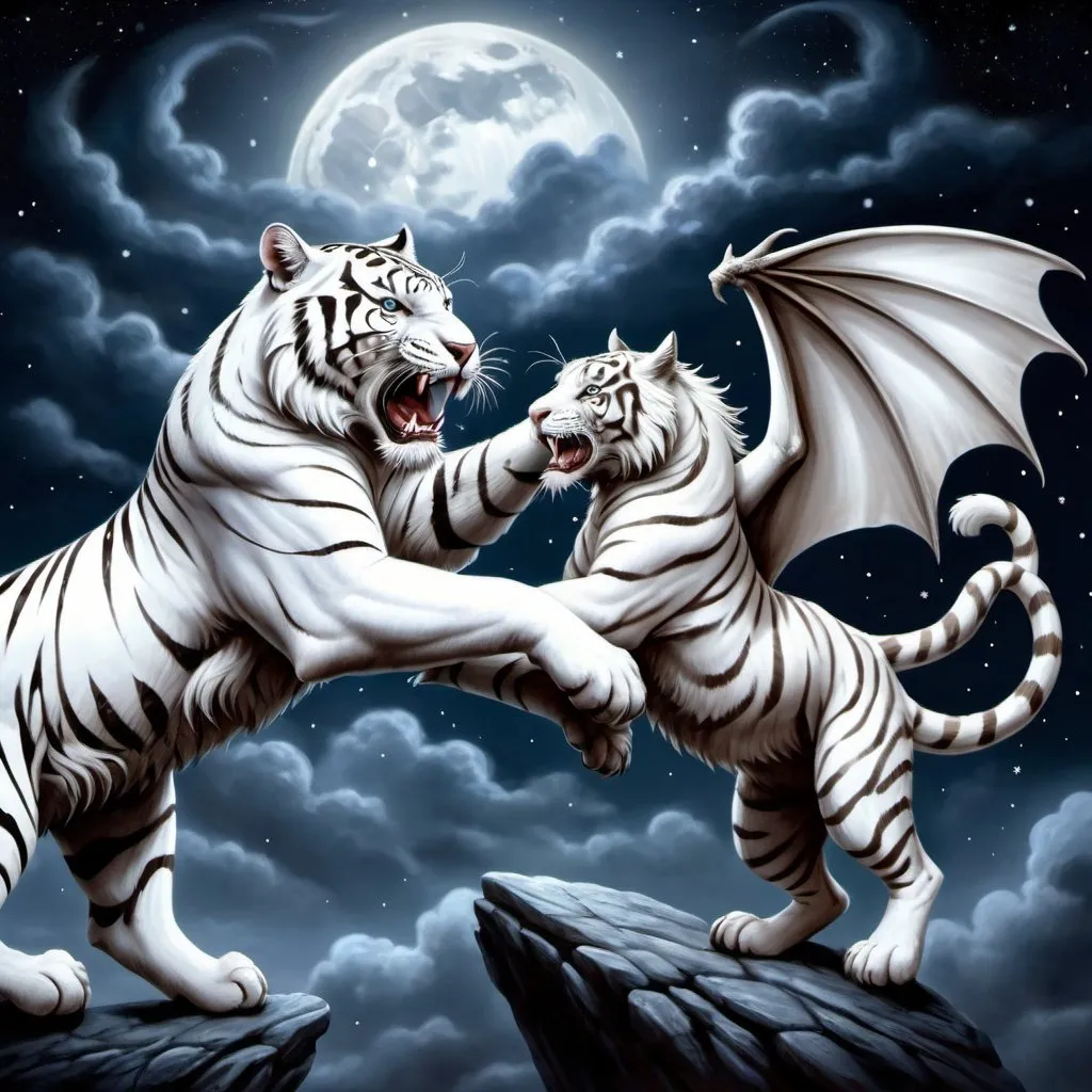 Prompt: a white tiger and a dragon fighting in the night sky with stars in the background, with a full moon in the sky, Anne Stokes, fantasy art, highly detailed digital art, an airbrush painting