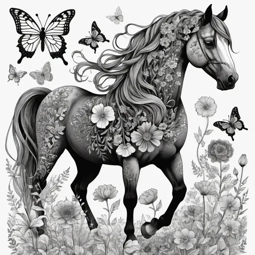 Prompt: black marker line-art, A horse stands with oversized flowers in various shapes, Butterflies adorned with intricate patterns, bring a touch of magic to the scene as they gracefully flutter from one flower to another. The combination of flowers and butterflies creates a dreamy and imaginative atmosphere.