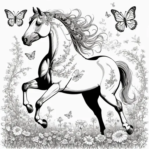 Prompt: Line art a horse dancing around playing and having fun with flowers and butterflies magically intertwining within the scene