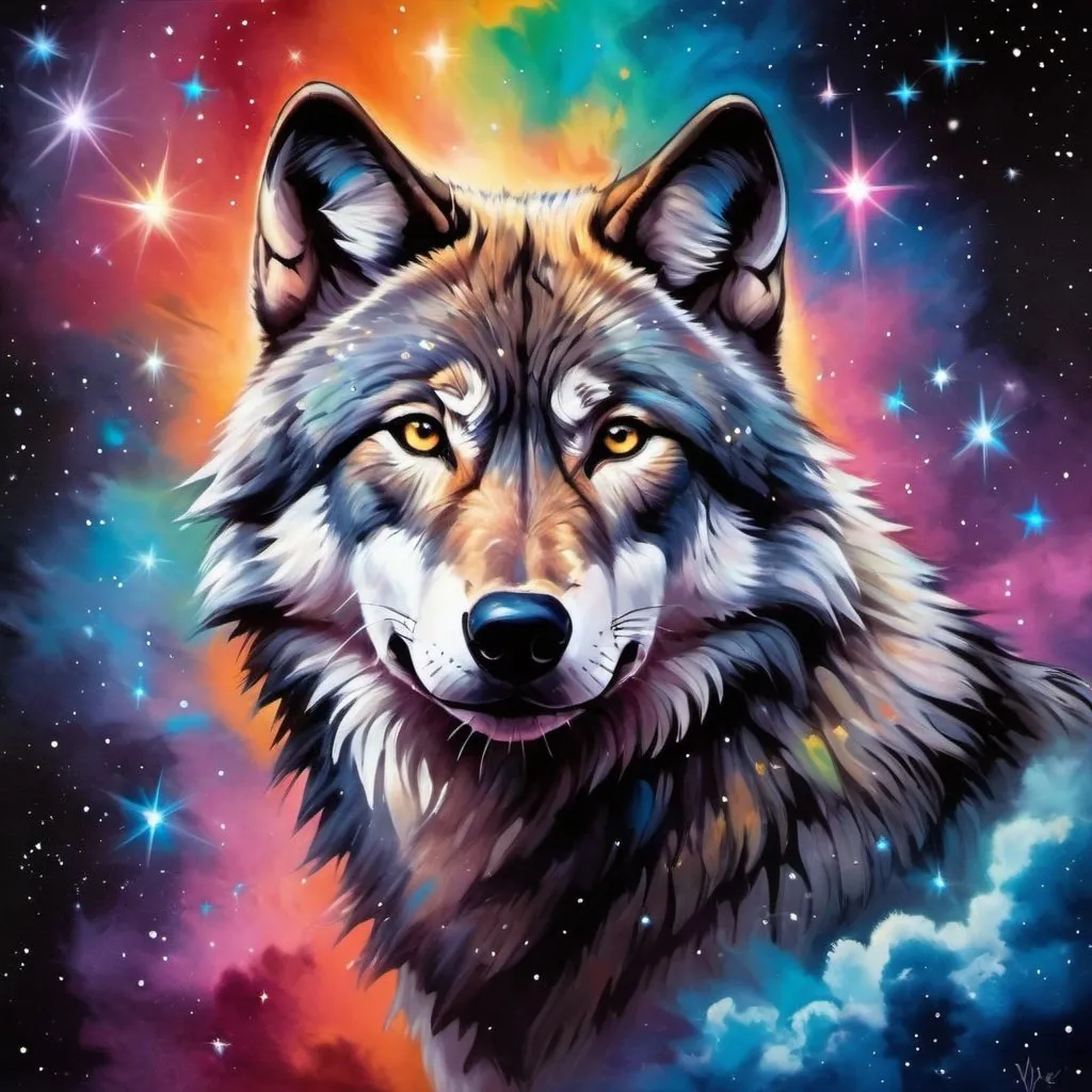 Prompt: a wolf with a colorful background and stars in the sky, with a colorful background and stars in the sky, Caspar Wolf, space art, much wow, an airbrush painting