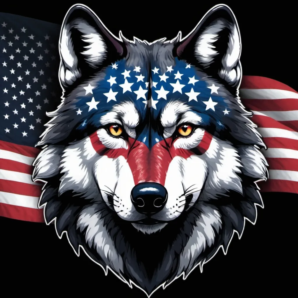 Prompt: a wolf with an american flag on it's face and a black background with stars and stripes on it