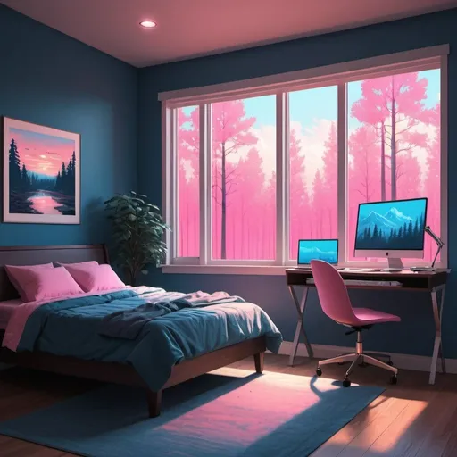 Prompt: a bedroom with a desk, chair, and bed in it with a window overlooking the trees outside of the room, Alena Aenami, computer art, blue and pink color scheme, computer graphics