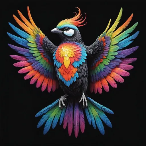 Prompt: a colorful bird with wings spread out and its colors are painted on a black background with a black background, Chris LaBrooy, psychedelic art, mystical colors, an airbrush painting