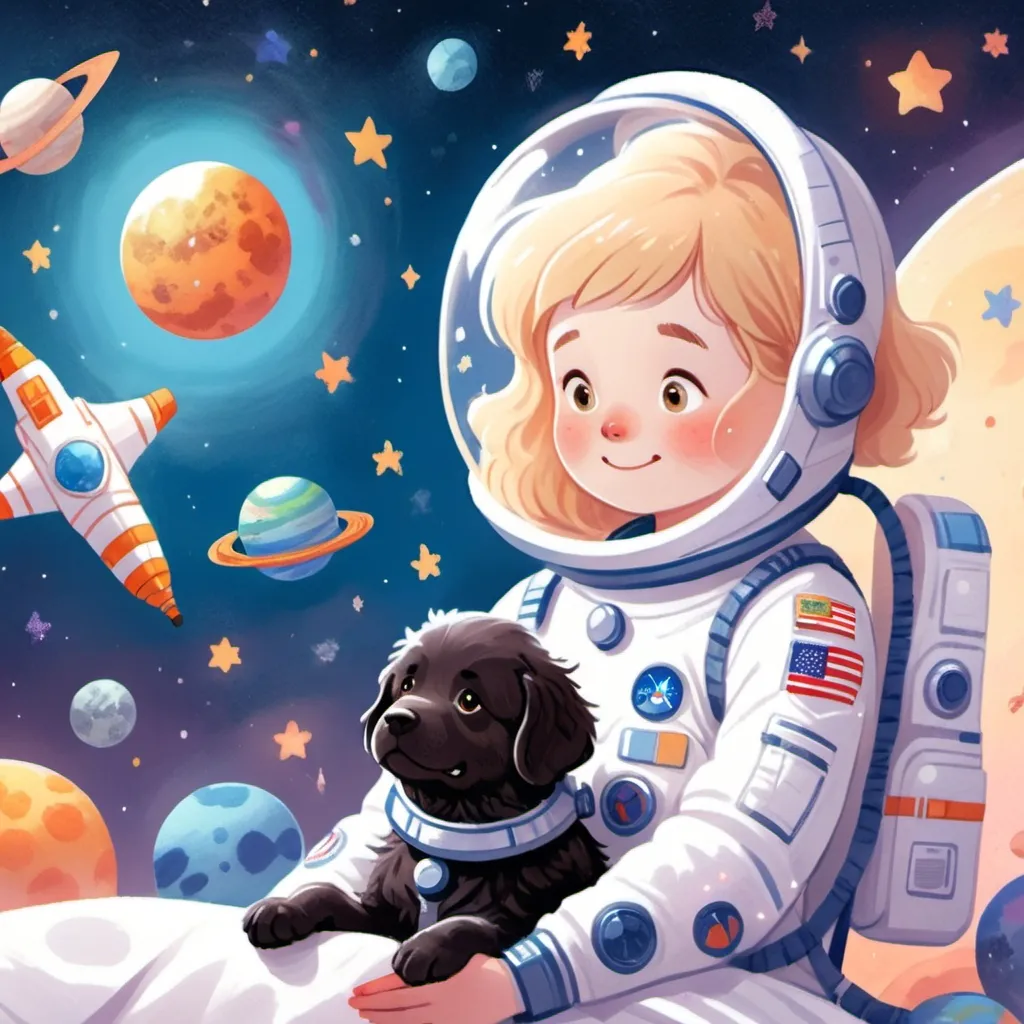 Prompt: "Generate an image of a 12-year-old girl with blond hair, immersed in imaginative play as an astronaut in her bedroom. She wears a makeshift space suit, complete with a helmet and gloves, while her room is transformed into a galactic wonderland. Surround her with floating planets, twinkling stars, and swirling galaxies, creating a mesmerizing celestial backdrop. By her side, a gentle Newfoundland dog, also dressed in a space-themed costume, serves as her loyal space-faring companion. Capture the awe and wonder in the girl's eyes as she embarks on her cosmic adventure with her furry friend by her side."










