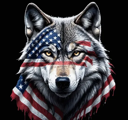Prompt: a wolf with an american flag on it's face and a black background with stars and stripes on it