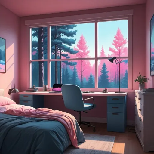 Prompt: a bedroom with a desk, chair, and bed in it with a window overlooking the trees outside of the room, Alena Aenami, computer art, blue and pink color scheme, computer graphics