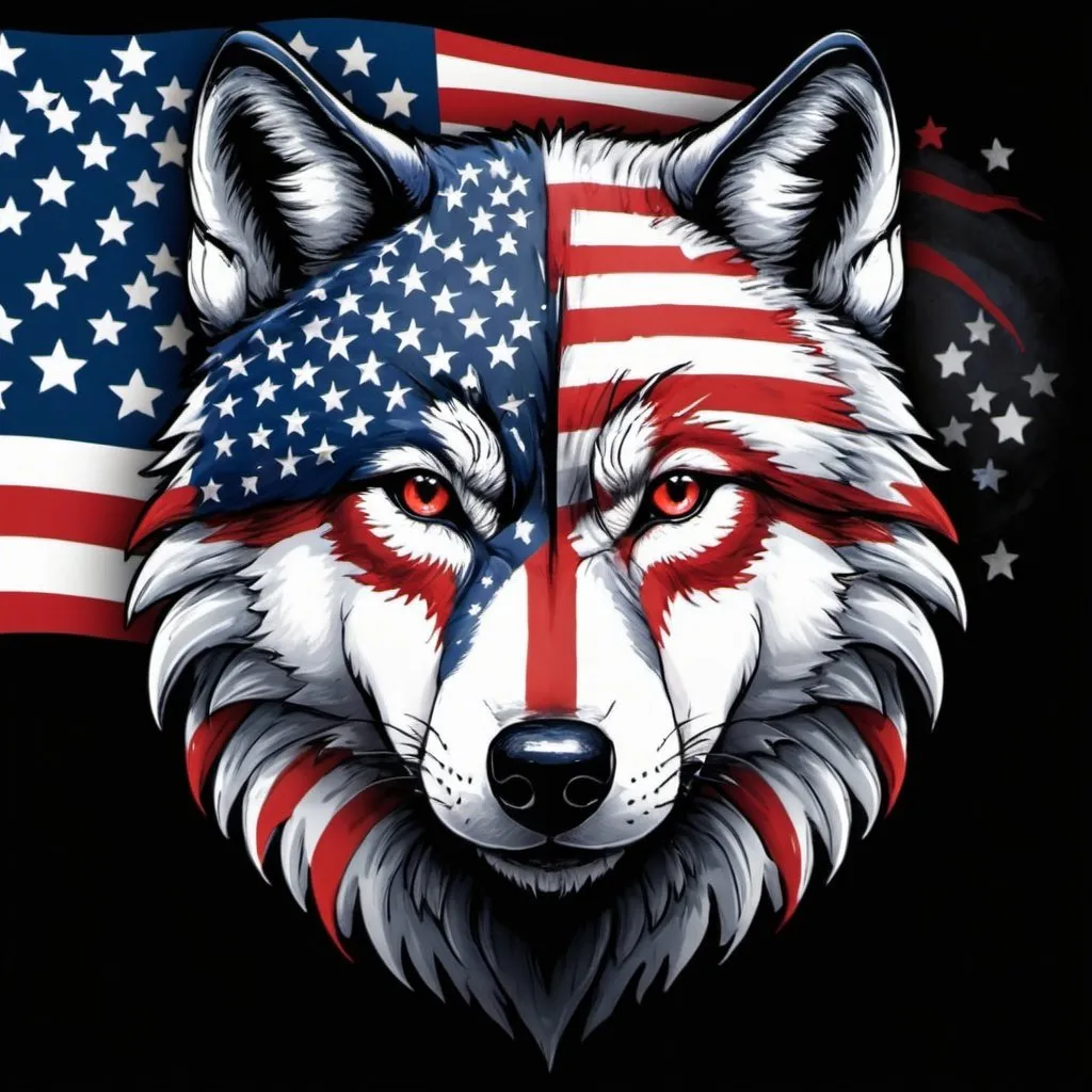 Prompt: a wolf with an american flag on it's face and a black background with stars and stripes on it