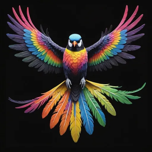 Prompt: a colorful bird with wings spread out and its colors are painted on a black background with a black background, Chris LaBrooy, psychedelic art, mystical colors, an airbrush painting