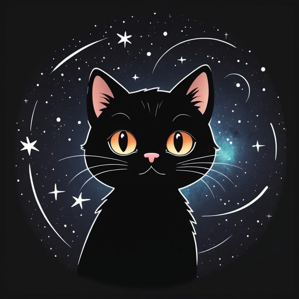 Prompt: Simple drawing of a cat in outer space, cartoon, minimalistic, black cat, galaxy background, twinkling stars, cute, easy to draw, simple lines, playful, minimal details, black cat, space, cartoon style, cute, minimalistic, twinkling stars, galaxy background