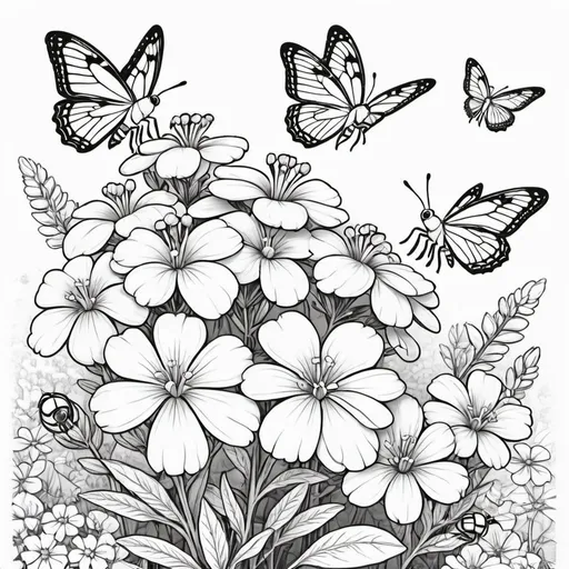 Prompt: Coloring page for kids, Phlox
 with butterflies, flowers, honeybees, cartoon style, bold lines, low details, no shade,  no color added, black and white