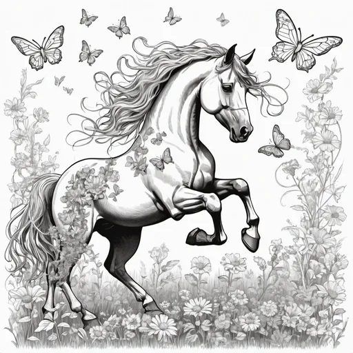 Prompt: Line art a horse dancing around playing and having fun with flowers and butterflies magically intertwining within the scene