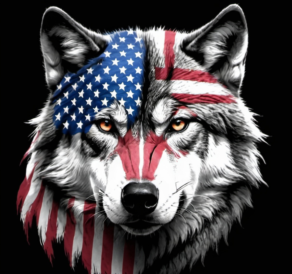 Prompt: a wolf with an american flag on it's face and a black background with stars and stripes on it