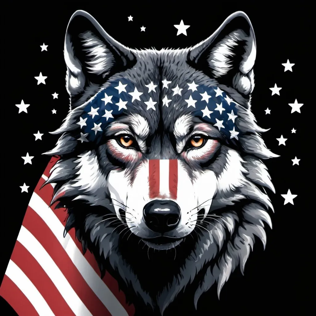 Prompt: a wolf with an american flag on it's face and a black background with stars and stripes on it