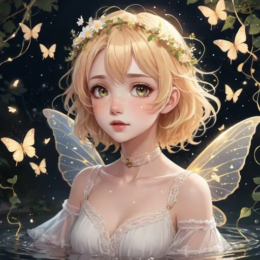 Prompt: anime, soft, drawing, fairy core, anymore
girl, short wavy hair, light hair color, golden eyes, rosy-tinted lips, light starry freckles
choker, elegant light lace dress, flowy sleeves, white harness, small fairy wings, delicate light flower crown
tangled vines, floating on water, glowing golden butterflies