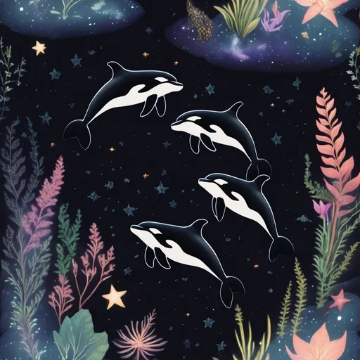 Prompt: Orcas swimming in a galaxy with plants and stars 