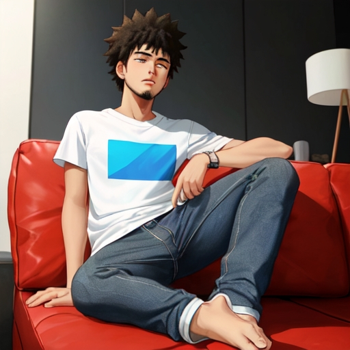 Prompt: Capture the essence of a 16-year-old gamer boy, his mixed-race heritage evident in his features, sporting a small Afro and a space short beard. Despite his towering 6-foot frame, he's hunched over on a couch clearly too small for him, the cushions barely accommodating his size. His intense focus on the tiny handheld video game screen, juxtaposed with his oversized presence on the couch, highlights the comical struggle of fitting into a world not designed for him. Perhaps add a detail of his feet dangling off the edge of the couch, emphasizing his awkward position, while his concentration remains unbroken, lost in the miniature virtual world.















