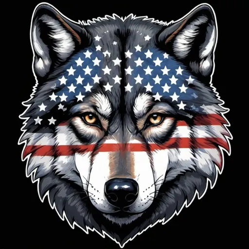 Prompt: a wolf with an american flag on it's face and a black background with stars and stripes on it