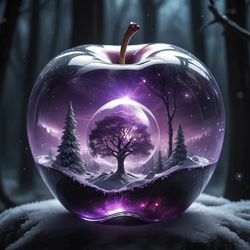 Prompt: epic crystal apple with space glowing inside, planets, satellites, winter forest, clouds, planets, purple, white haze. hyper-detailed glass, soft light, glitter, professional photo, beautiful, 3d, realistic, 8k, hyperrealism. highly detailed digital painting, high resolution, high detail, mystical, backlit, fantasy, dark atmosphere, photorealistic painting, gothic art, realistic, close up, noir, dark colors, 8k, aesthetic