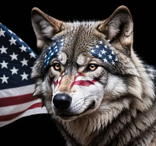 Prompt: a wolf with an american flag on it's face and a black background with stars and stripes on it