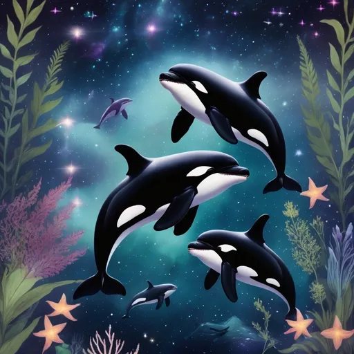 Prompt: Orcas swimming in a galaxy with plants and stars 