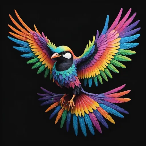 Prompt: a colorful bird with wings spread out and its colors are painted on a black background with a black background, Chris LaBrooy, psychedelic art, mystical colors, an airbrush painting