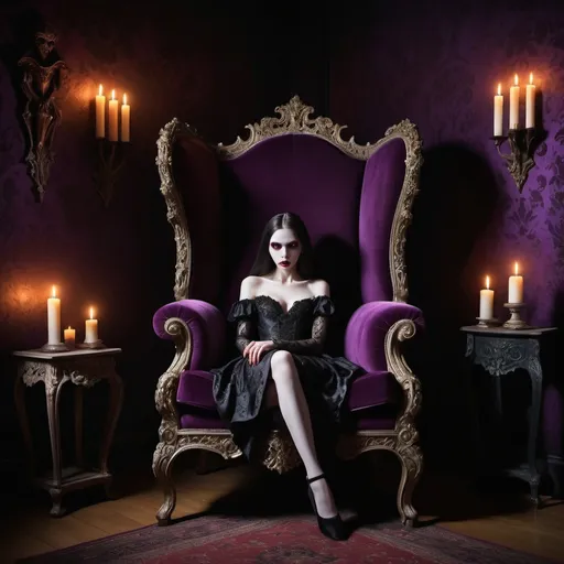 Prompt: Create an image of a vampire, enigmatic and regal, seated in a dimly lit chamber adorned with flickering candles. Cloaked in a luxurious purple velvet suit that seems to absorb the ambient light, the vampire exudes an aura of mystery and elegance. The room is draped in shadows, with ornate tapestries adorning the walls, depicting scenes of ancient battles and forgotten lore. The black high-back armchair upon which the vampire sits is carved with intricate patterns, reminiscent of a forgotten era of Gothic opulence. As the candles cast dancing shadows across the room, the vampire's pale skin glows softly, their eyes gleaming with an otherworldly intensity. In the corner of the chamber, a grand piano stands silent, its ebony keys untouched for centuries, adding to the eerie ambiance of the scene. Capture the essence of timeless darkness and eternal longing in this haunting portrayal of a vampire's solitary vigil.
