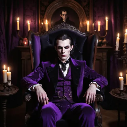 Prompt: an image of a vampire in a candlelit chamber, draped in a purple velvet suit, seated in a black high-back armchair. Surround the room with Gothic tapestries and shadows, with the vampire's enigmatic gaze piercing the darkness. Emphasize the opulent yet haunting atmosphere, with flickering candlelight casting eerie shadows across the scene.
