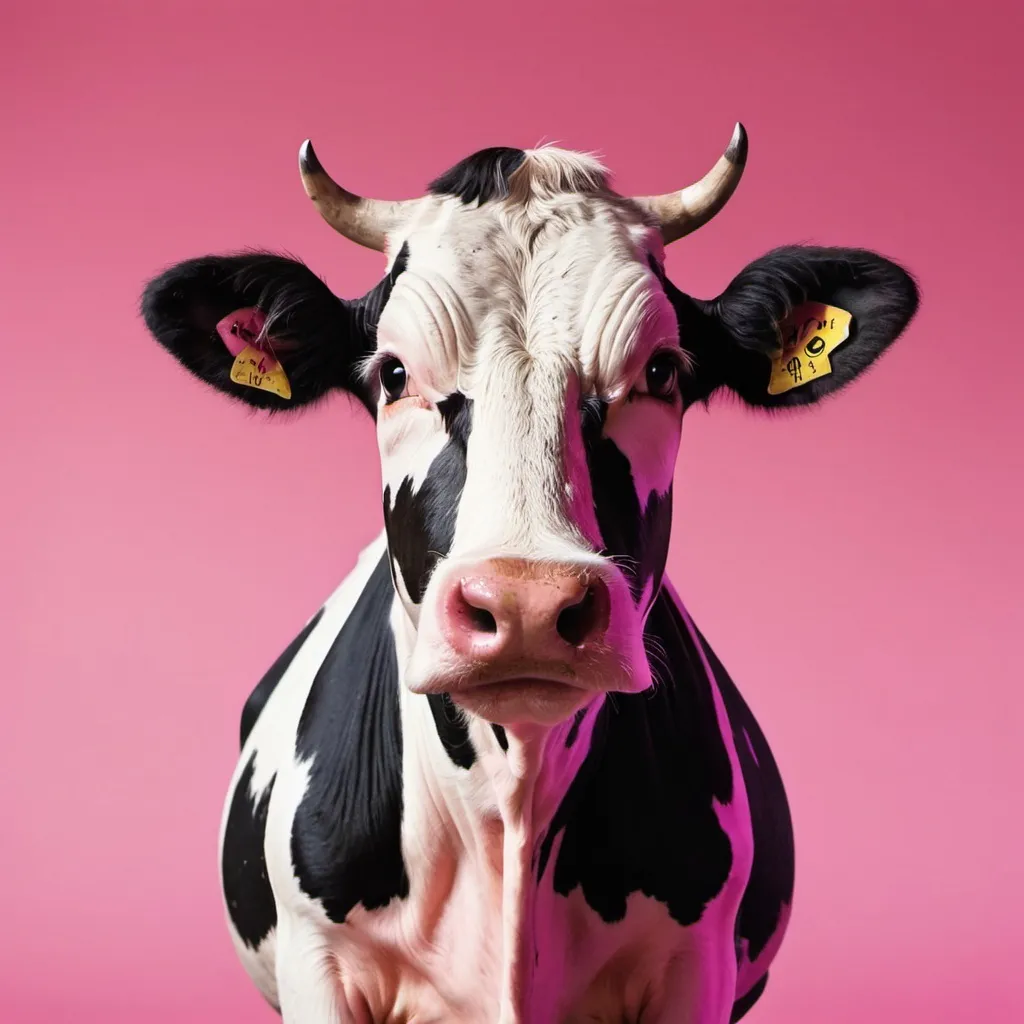 Prompt: a cow sitting in the middle of a pink and black background with a black spot on it's face, Fanny McIan, pop surrealism, cute and funny, a screenshot