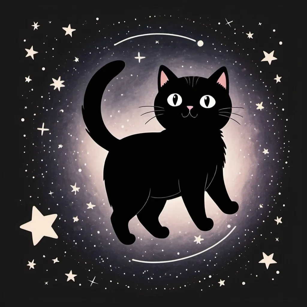 Prompt: Simple drawing of a cat in outer space, cartoon, minimalistic, black cat, galaxy background, twinkling stars, cute, easy to draw, simple lines, playful, minimal details, black cat, space, cartoon style, cute, minimalistic, twinkling stars, galaxy background