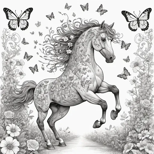 Prompt: Line art of a joyful horse dancing with flowers and butterflies, magical intertwining, playful and fun, high quality, detailed line art, whimsical, lively and vibrant, floral elements, butterfly details, enchanting, magical lighting