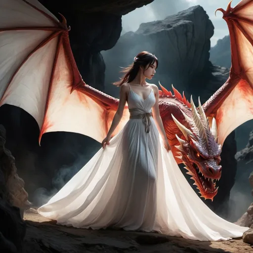 Prompt: Terrifying near mortally wounded red dragon approached princess in long flowing ribbony white dress, you cannot see her feet; bright eyes, smoke, cave background, intricately detailed face, dark fantasy, horror, photorealistic, photorealism, beautiful image, soft light from side, 3 point lighting, backlight, chiaroscuro, perspective, depth, epic scale, cinematic, Miki Asai Macro photography, close-up, hyper detailed, trending on artstation, sharp focus, studio photo, intricate details, highly detailed, by greg rutkowski