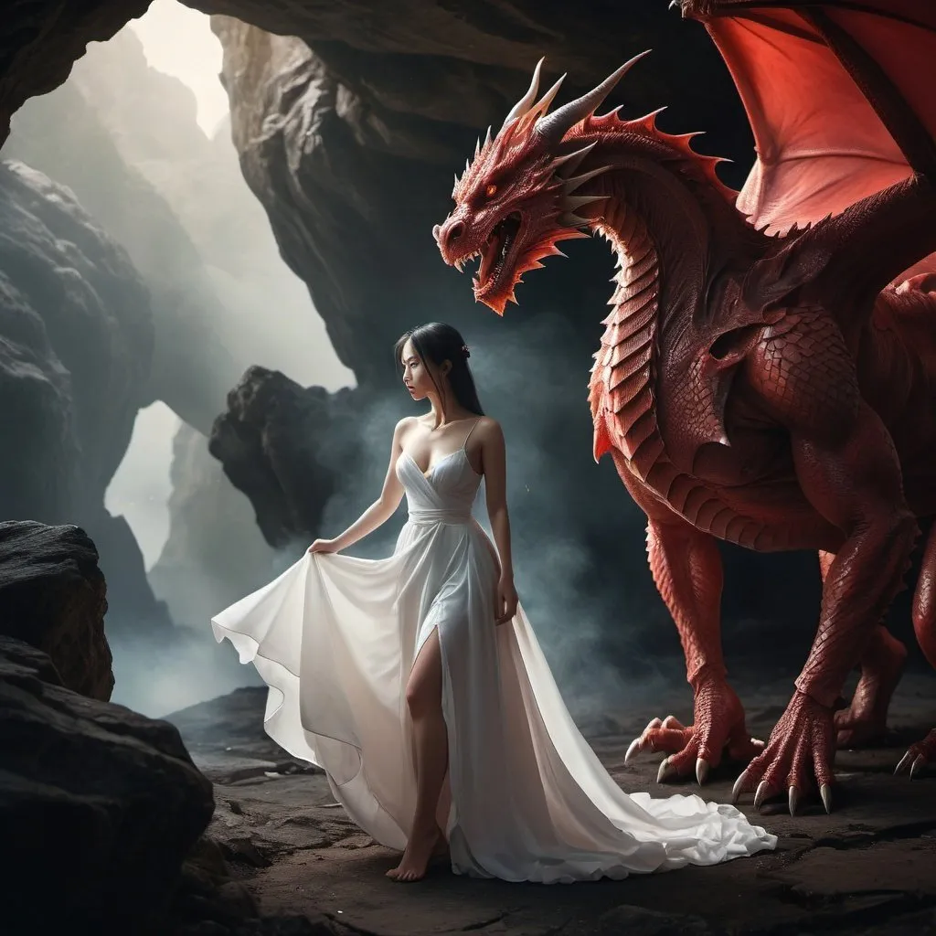 Prompt: Terrifying near mortally wounded red dragon approached princess in long flowing ribbony white dress, you cannot see her feet; bright eyes, smoke, cave background, intricately detailed face, dark fantasy, horror, photorealistic, photorealism, beautiful image, soft light from side, 3 point lighting, backlight, chiaroscuro, perspective, depth, epic scale, cinematic, Miki Asai Macro photography, close-up, hyper detailed, trending on artstation, sharp focus, studio photo, intricate details, highly detailed, by greg rutkowski