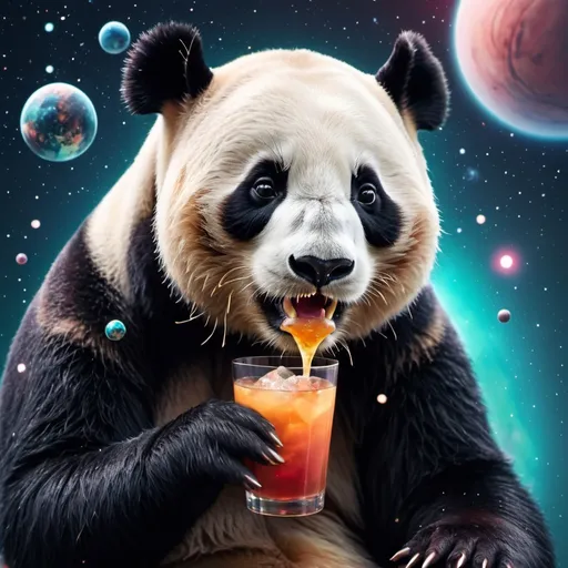 Prompt: a panda bear with a drink in its mouth and a space background with stars and planets in the sky, Beeple, aestheticism, cosmic, digital art