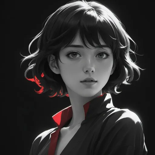 Prompt: an anime character posing in black and white light, in the style of dark brown and red, anne-louis girodet, makoto shinkai, fluid gestures, shiny eyes, Petrina hicks, light yellow and light black