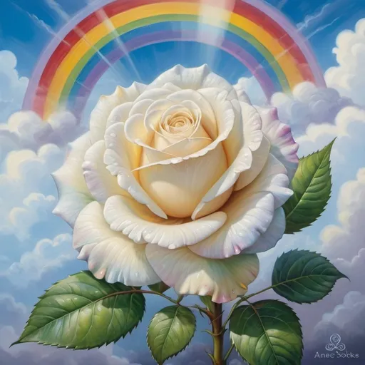 Prompt: a painting of a white rose with a rainbow background and a blue sky background with clouds and a rainbow, Anne Stokes, fantasy art, roses, a detailed painting