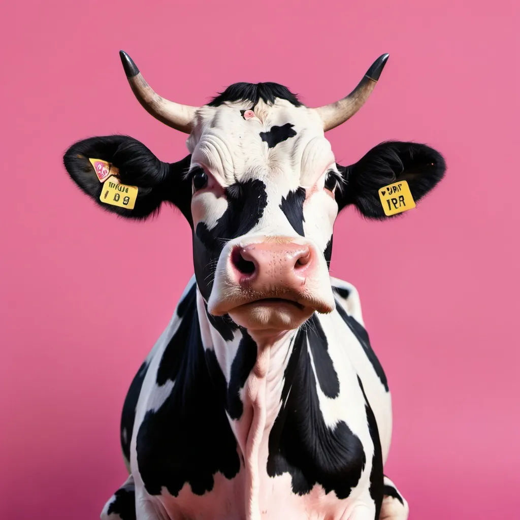 Prompt: a cow sitting in the middle of a pink and black background with a black spot on it's face, Fanny McIan, pop surrealism, cute and funny, a screenshot