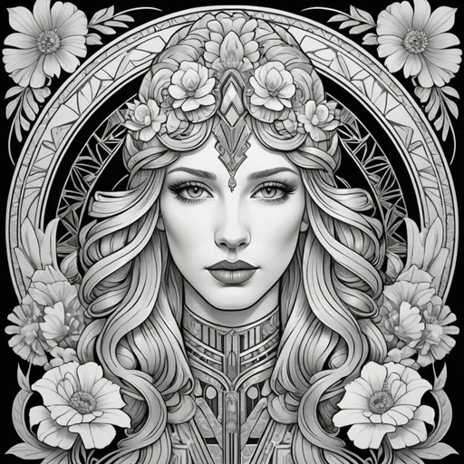 Prompt:  A horse head takes center stage in this coloring book page, surrounded by intricate patterns and geometric shapes inspired by art-deco style. Delicate flowers intertwine with bold, psychedelic patterns, framing the elegant and mysterious gaze of the portrait. The combination of the female figure and the vibrant, art-deco elements creates a captivating and sophisticated scene.n head takes center stage in this coloring book page, surrounded by intricate patterns and geometric shapes inspired by art-deco style. Delicate flowers intertwine with bold, psychedelic patterns, framing the elegant and mysterious gaze of the portrait. The combination of the female figure and the vibrant, art-deco elements creates a captivating and sophisticated scene.