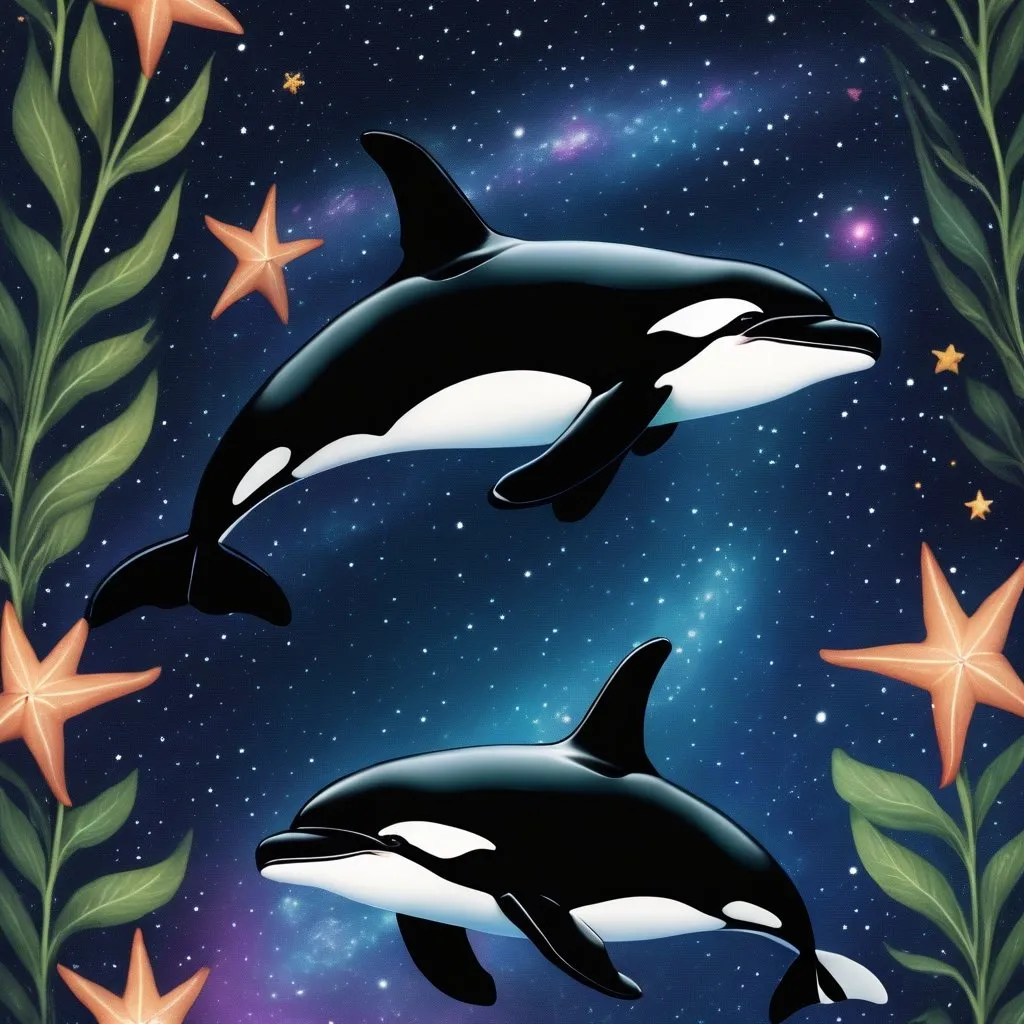 Prompt: Orcas swimming in a galaxy with plants and stars 