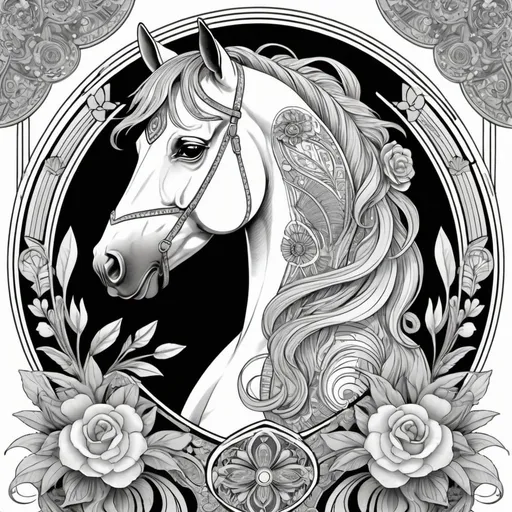 Prompt:  A horse head takes center stage in this coloring book page, surrounded by intricate patterns and geometric shapes inspired by art-deco style. Delicate flowers intertwine with bold, psychedelic patterns, framing the elegant and mysterious gaze of the portrait. The combination of the female figure and the vibrant, art-deco elements creates a captivating and sophisticated scene.n head takes center stage in this coloring book page, surrounded by intricate patterns and geometric shapes inspired by art-deco style. Delicate flowers intertwine with bold, psychedelic patterns, framing the elegant and mysterious gaze of the portrait. The combination of the female figure and the vibrant, art-deco elements creates a captivating and sophisticated scene.