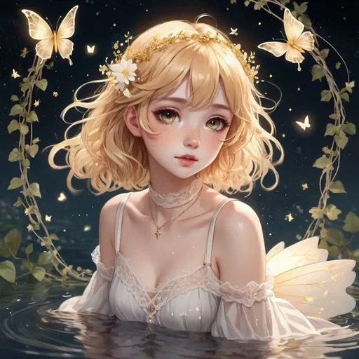 Prompt: anime, soft, drawing, fairy core, anymore
girl, short wavy hair, light hair color, golden eyes, rosy-tinted lips, light starry freckles
choker, elegant light lace dress, flowy sleeves, white harness, small fairy wings, delicate light flower crown
tangled vines, floating on water, glowing golden butterflies