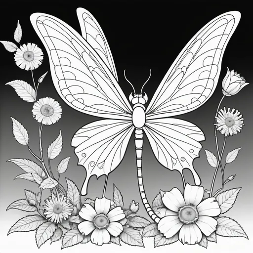 Prompt: Line art for coloring book dragonflys and butterflys 