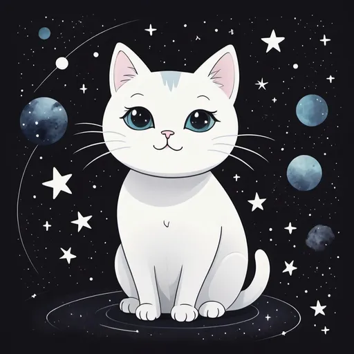 Prompt: Simple drawing of a cat in outer space, cartoon, minimalistic, white cat, galaxy background, twinkling stars, cute, easy to draw, simple lines, playful, minimal details, black cat, space, cartoon style, cute, minimalistic, twinkling stars, galaxy background