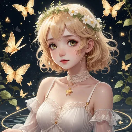 Prompt: anime, soft, drawing, fairy core, anymore
girl, short wavy hair, light hair color, golden eyes, rosy-tinted lips, light starry freckles
choker, elegant light lace dress, flowy sleeves, white harness, small fairy wings, delicate light flower crown
tangled vines, floating on water, glowing golden butterflies