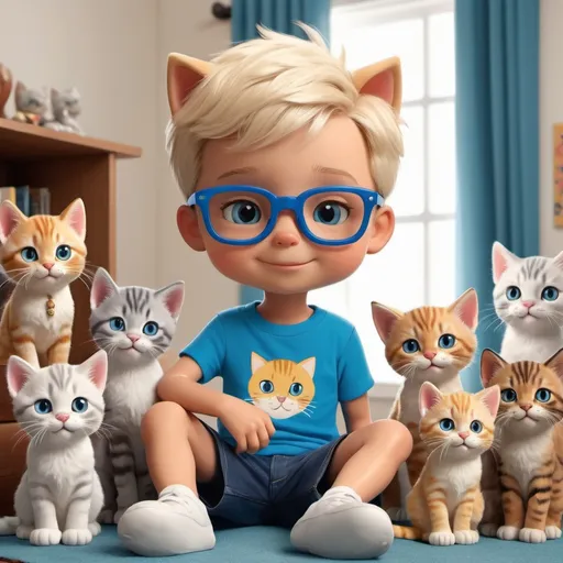 Prompt: "Generate a cartoon image of a 7-year-old boy wearing blue-framed glasses and sporting a blond buzz-cut hairstyle. He is dressed in shorts, surrounded by playful kittens in various poses, from frolicking to napping. Set the scene in a cozy room filled with kitten-themed decor, such as plush toys and posters. Capture the innocence and joy on the boy's face as he interacts with his feline friends, creating a heartwarming and charming scene."





