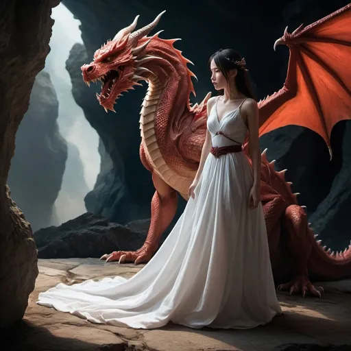 Prompt: Terrifying near mortally wounded red dragon approached princess in long flowing ribbony white dress, you cannot see her feet; bright eyes, smoke, cave background, intricately detailed face, dark fantasy, horror, photorealistic, photorealism, beautiful image, soft light from side, 3 point lighting, backlight, chiaroscuro, perspective, depth, epic scale, cinematic, Miki Asai Macro photography, close-up, hyper detailed, trending on artstation, sharp focus, studio photo, intricate details, highly detailed, by greg rutkowski